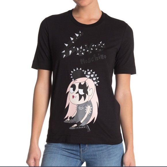 Love Moschino Tee Punk Girl Half Sleeve Crew Neck Fitted Black Pink S IT40 NWT - Picture 2 of 7